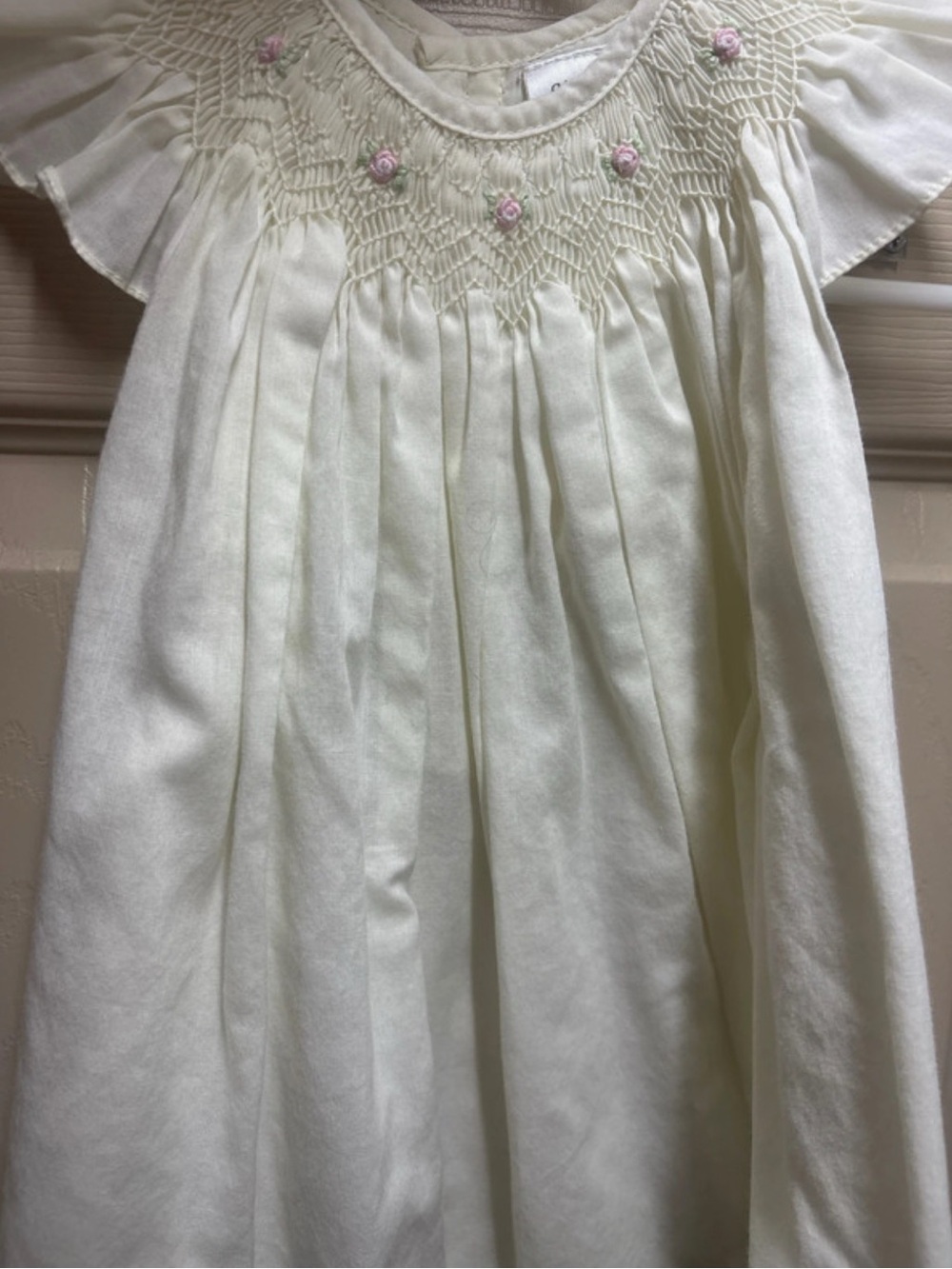 Classic Ivory Smocked Dress with Pink Floral Detail